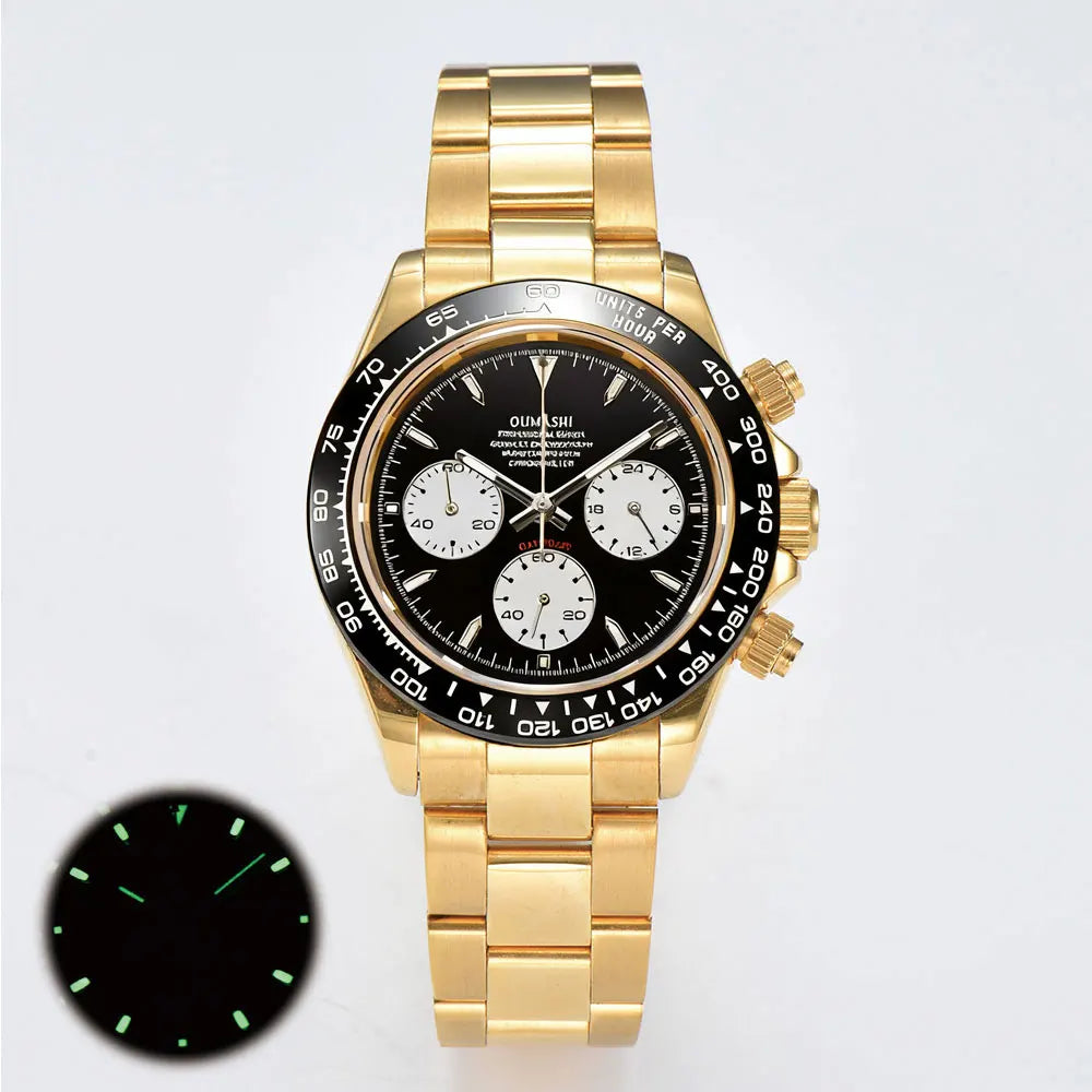 39mm gold men's watch VK63 movement chronograph sapphire glass stainless steel strap luxurious business men's custom watch