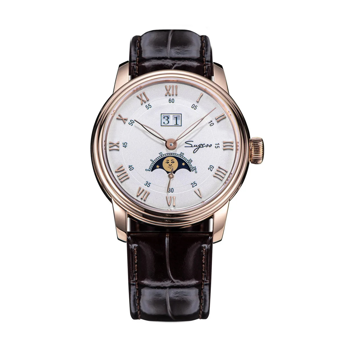 Sugess Moonphase Watch of Men 40mm Automatic Mechanical Wristwatches Seagul ST2528 Movement Stainless Steel Blue Sandstone Dial