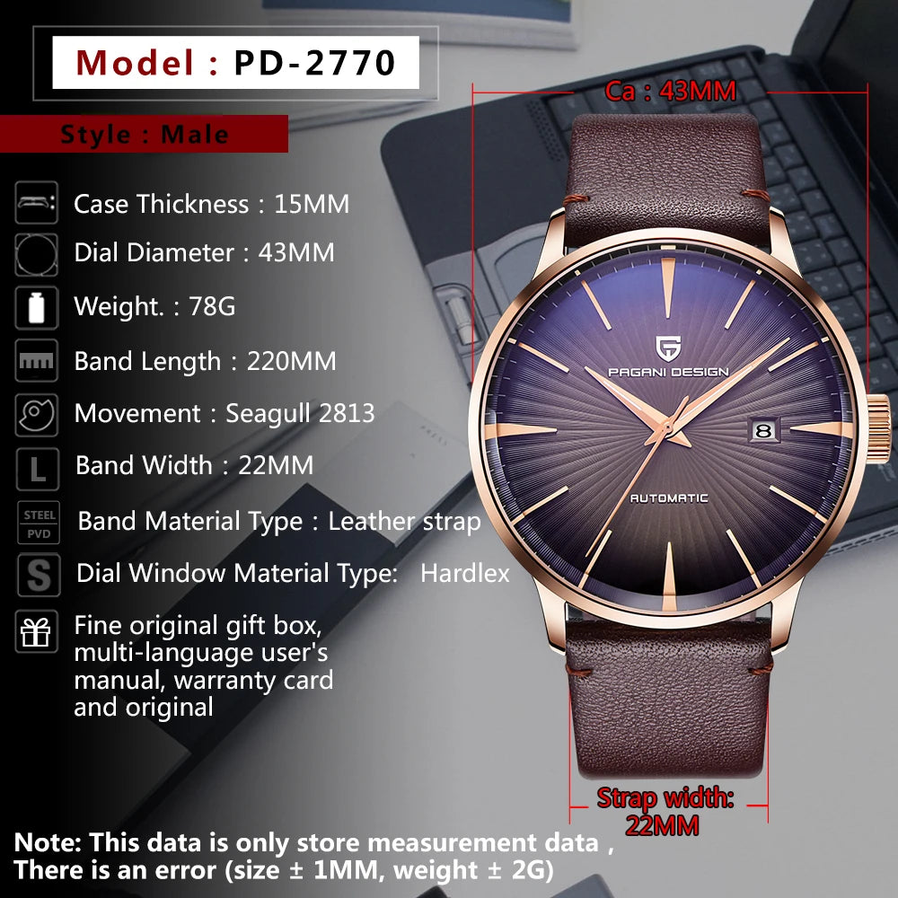 2025 New PAGANI DESIGN Men's Watches Fashion Sports Gold Watch For Men Automatic Mechanical Wristwatches Men Waterproof Leather