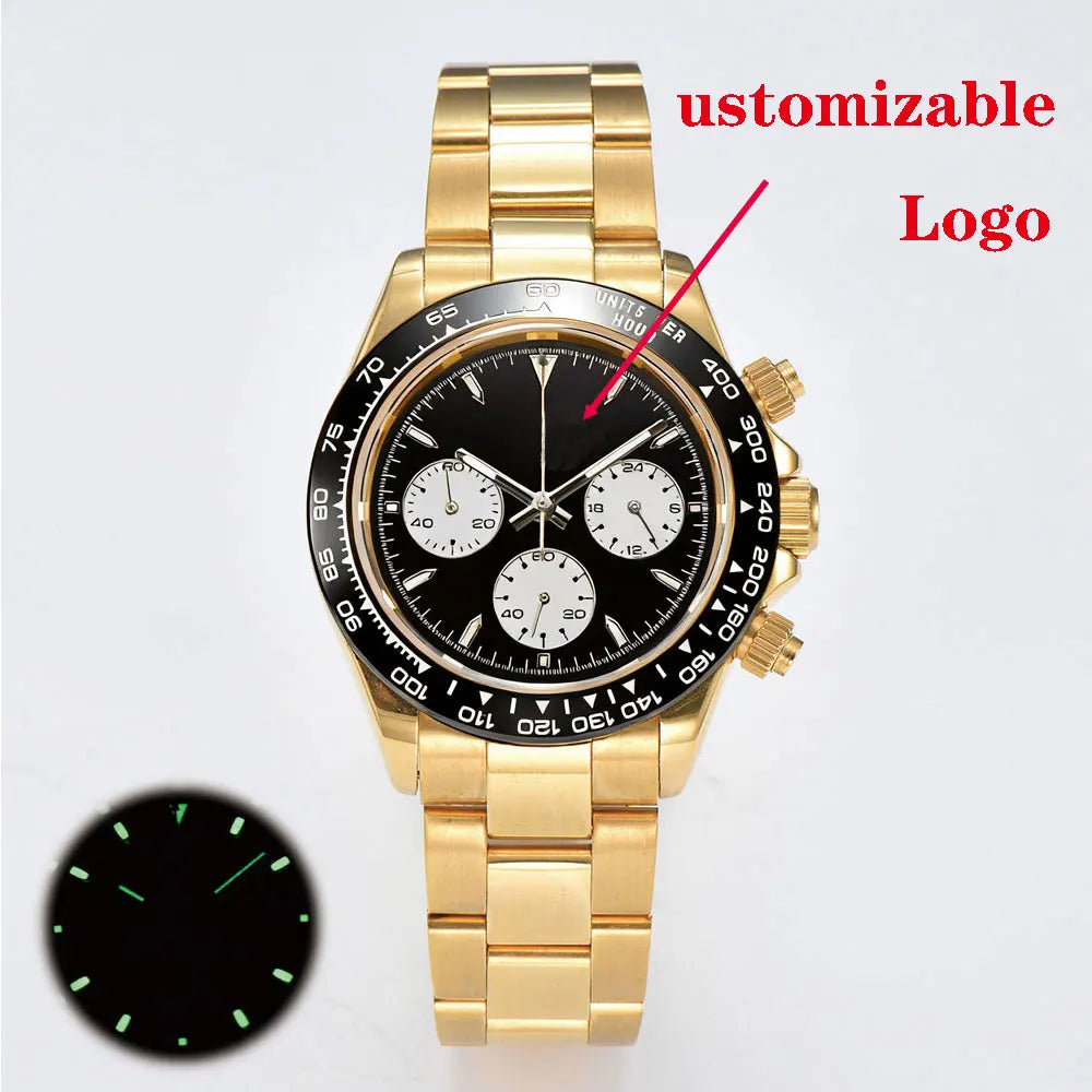 39mm gold men's watch VK63 movement chronograph sapphire glass stainless steel strap luxurious business men's custom watch
