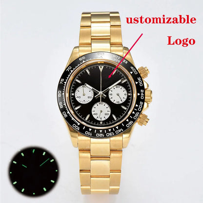 39mm gold men's watch VK63 movement chronograph sapphire glass stainless steel strap luxurious business men's custom watch