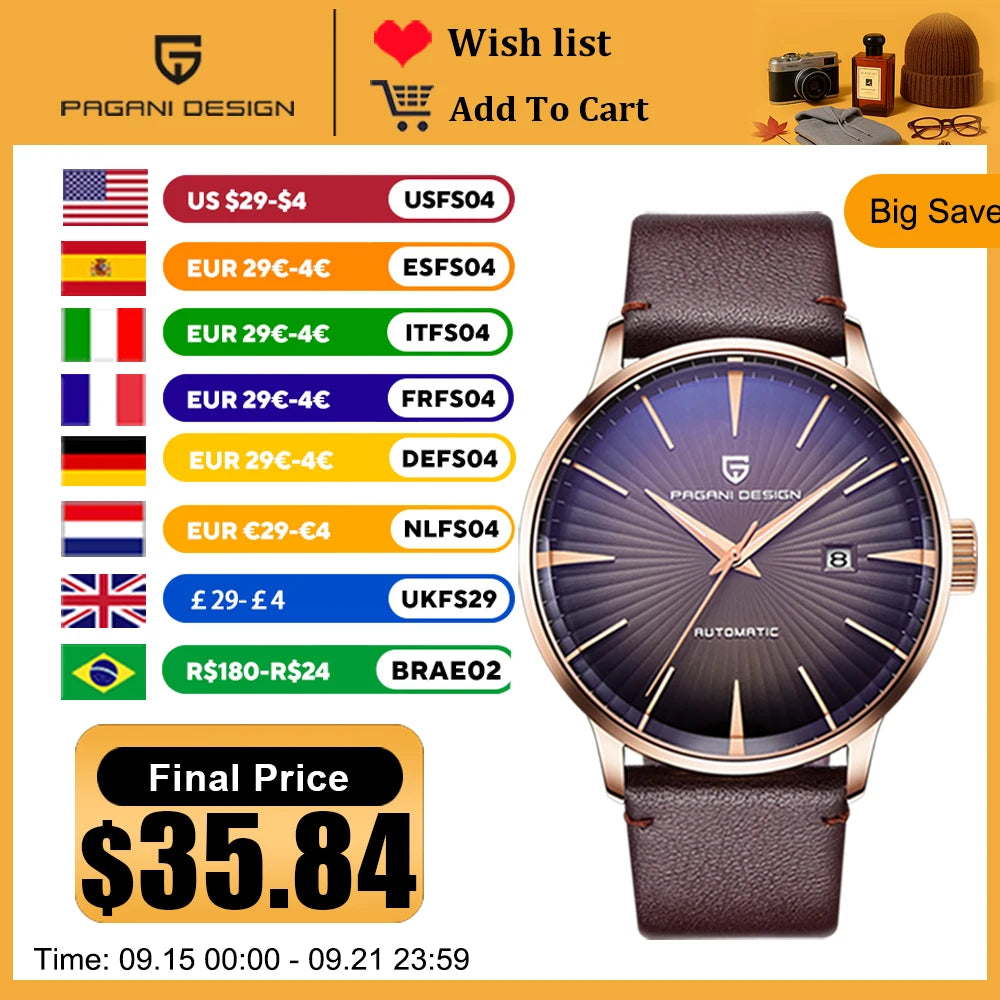 2025 New PAGANI DESIGN Men's Watches Fashion Sports Gold Watch For Men Automatic Mechanical Wristwatches Men Waterproof Leather