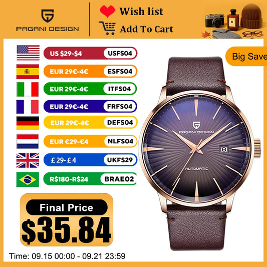 2025 New PAGANI DESIGN Men's Watches Fashion Sports Gold Watch For Men Automatic Mechanical Wristwatches Men Waterproof Leather