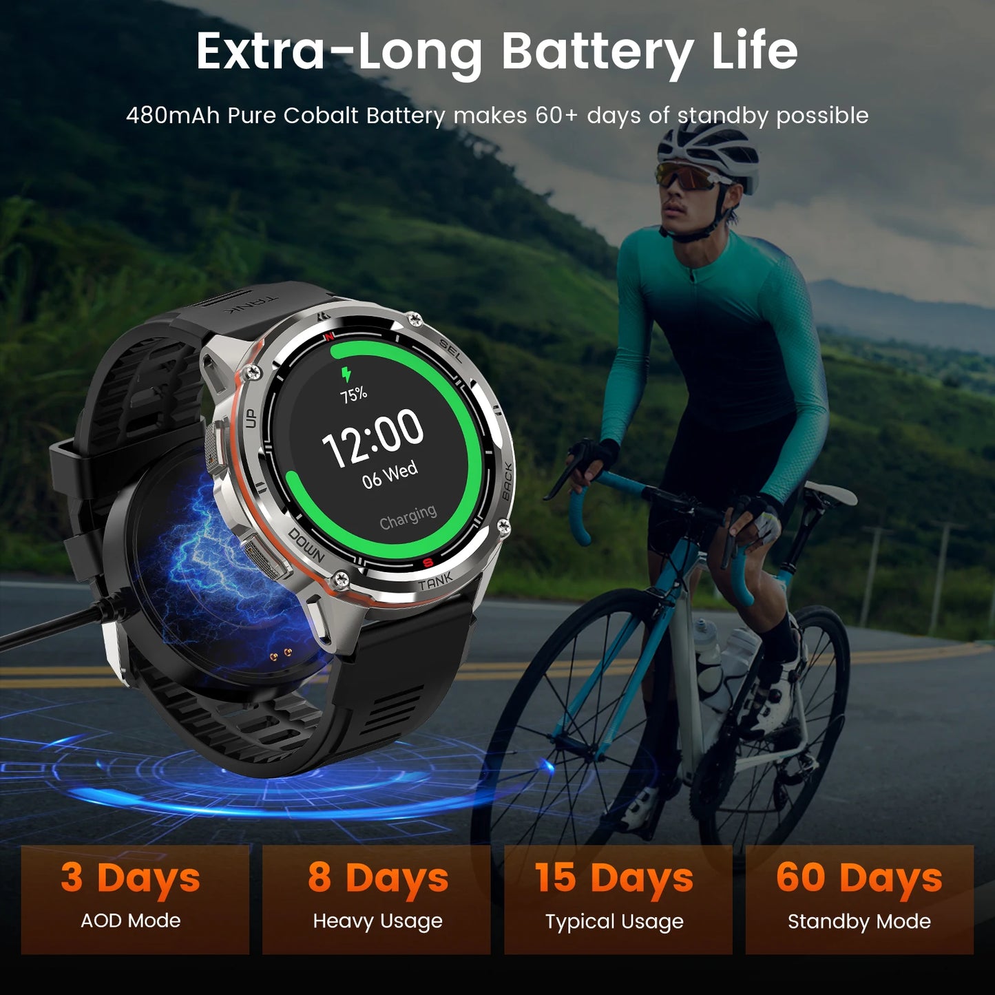 KOSPET TANK T3 Ultra GPS Smart Watch For Men Altimeter Compass Barometric 470mAh 60 Days Battery Bluetooth Call IP69K Waterproof