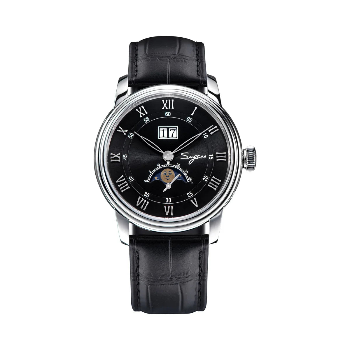 Sugess Moonphase Watch of Men 40mm Automatic Mechanical Wristwatches Seagul ST2528 Movement Stainless Steel Blue Sandstone Dial