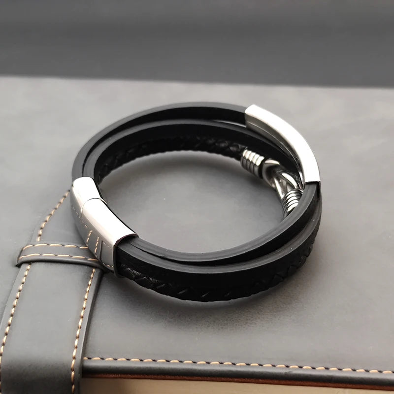 Luxury Classic Men's Multi-layer Leather Bracelet Winding Design Punk Stainless Steel Magnet Clasp Bangle Male Jewelry Gifts