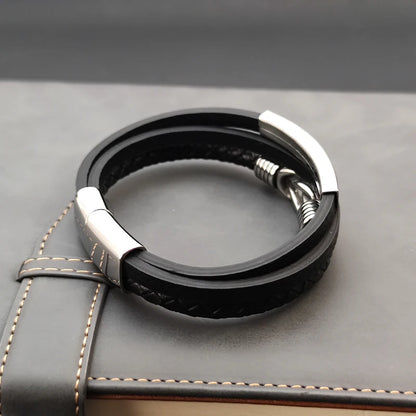 Luxury Classic Men's Multi-layer Leather Bracelet Winding Design Punk Stainless Steel Magnet Clasp Bangle Male Jewelry Gifts