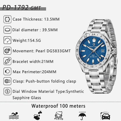 PAGANI DESIGN New GMT Mens Mechanical Watches 100M Waterproof Clock Sapphire Glass Automatic Men Watch PD-1792 Relogio Masculino