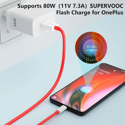 80W Super Flash Charger For OnePlus 9 10 11 12R 13 Nord 2T N300 CE 2 3 Lite ACE 2 3 5 OPPO Realme Fast Charging Type C USB Cable