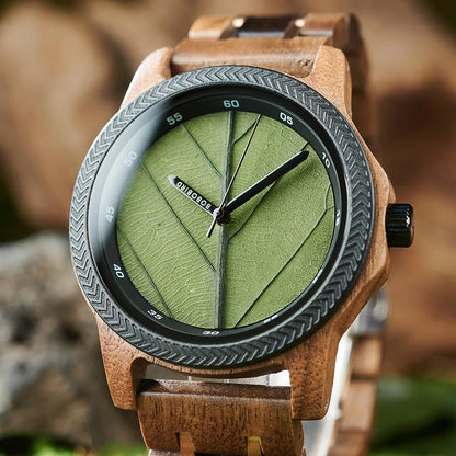 BOBO BIRD Wooden Men Watches Handmade Leaf Dial Custom Blessing Natural Wristwatch Distinctive Wooden Gift Support Dropshipping