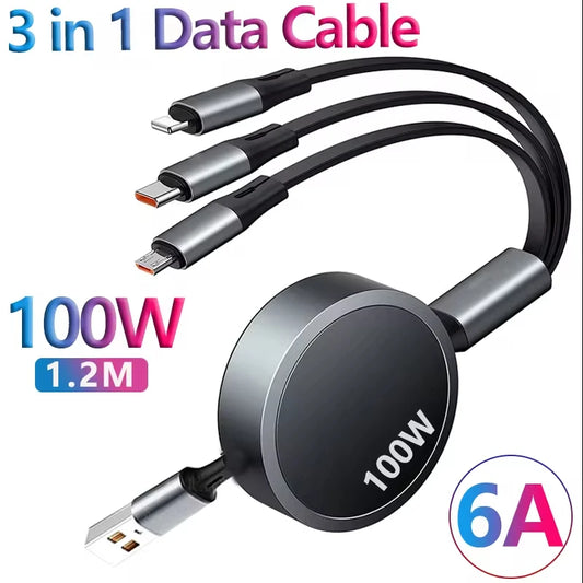3 in 1 Retractable USB C 6A 100W USB Fast Charger For iPhone 13 14 12 11 Pro X Max Type C/Micro Fast Charger For Huawei Samsung