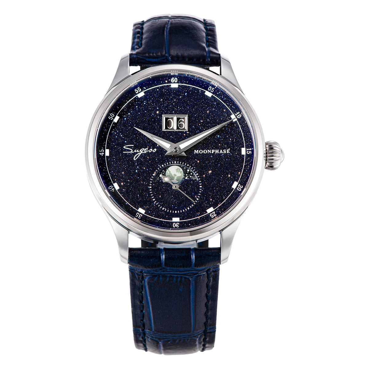 Sugess Moonphase Watch of Men 40mm Automatic Mechanical Wristwatches Seagul ST2528 Movement Stainless Steel Blue Sandstone Dial