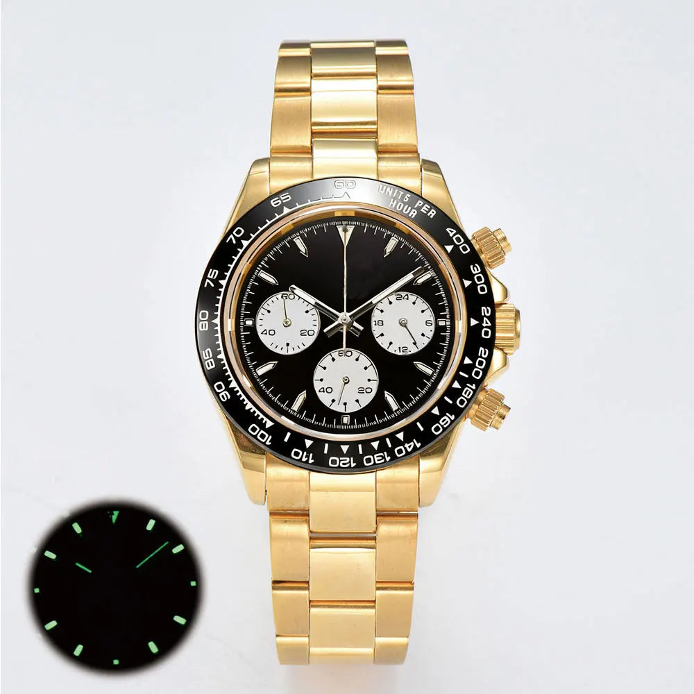 39mm gold men's watch VK63 movement chronograph sapphire glass stainless steel strap luxurious business men's custom watch