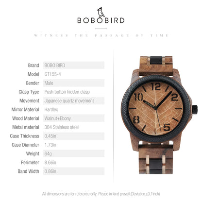 BOBO BIRD Wooden Men Watches Handmade Leaf Dial Custom Blessing Natural Wristwatch Distinctive Wooden Gift Support Dropshipping