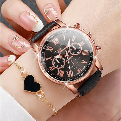 4PCS/Set Couple's Watches Fashion Roma Dial Women Quartz Watch Leather Band Wristwatches Heart Bracelets Set（Without Box）