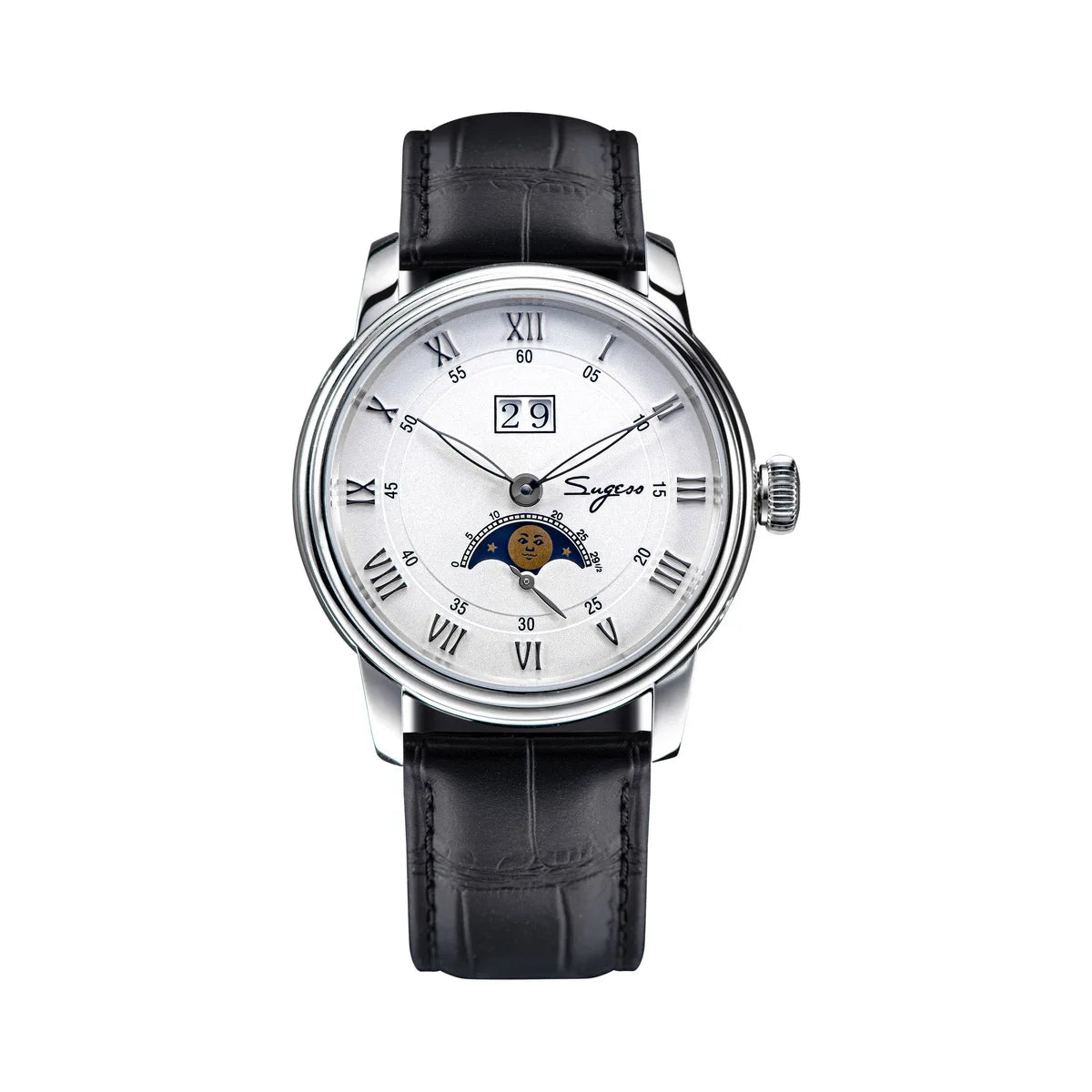 Sugess Moonphase Watch of Men 40mm Automatic Mechanical Wristwatches Seagul ST2528 Movement Stainless Steel Blue Sandstone Dial