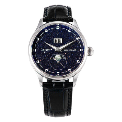 Sugess Moonphase Watch of Men 40mm Automatic Mechanical Wristwatches Seagul ST2528 Movement Stainless Steel Blue Sandstone Dial