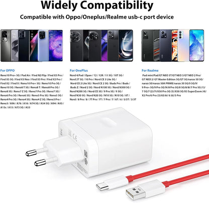 80W Super Flash Charger For OnePlus 9 10 11 12R 13 Nord 2T N300 CE 2 3 Lite ACE 2 3 5 OPPO Realme Fast Charging Type C USB Cable