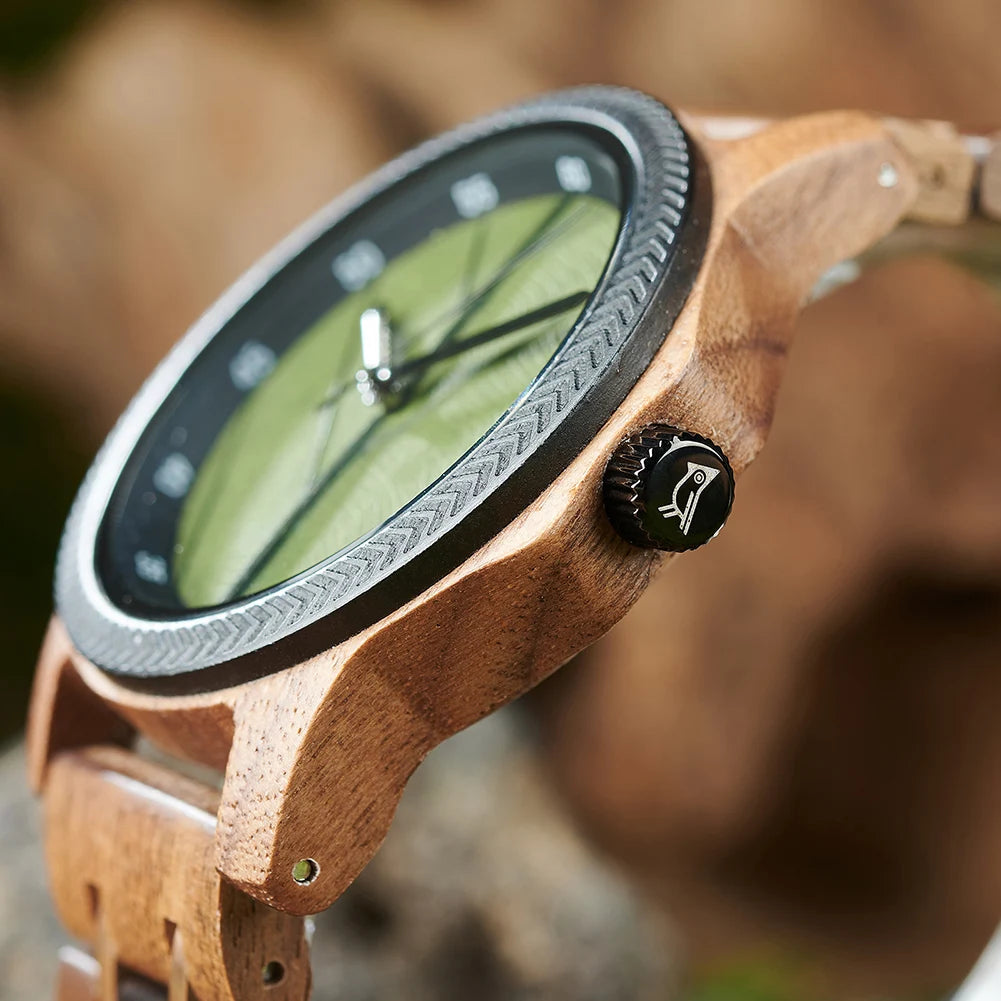 BOBO BIRD Wooden Men Watches Handmade Leaf Dial Custom Blessing Natural Wristwatch Distinctive Wooden Gift Support Dropshipping