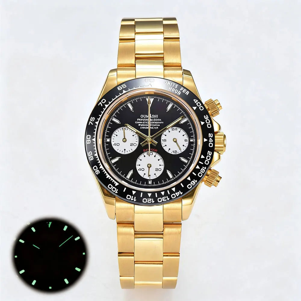39mm gold men's watch VK63 movement chronograph sapphire glass stainless steel strap luxurious business men's custom watch