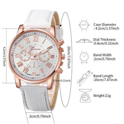 4PCS/Set Couple's Watches Fashion Roma Dial Women Quartz Watch Leather Band Wristwatches Heart Bracelets Set（Without Box）