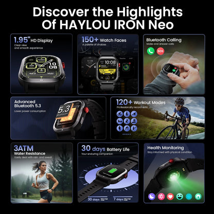 HAYLOU IRON NEO Smartwatch 1.95’’ HD Display 3ATM Waterproof Bluetooth Call 30 Days Battery Life Sport Smart Watch for Outdoor