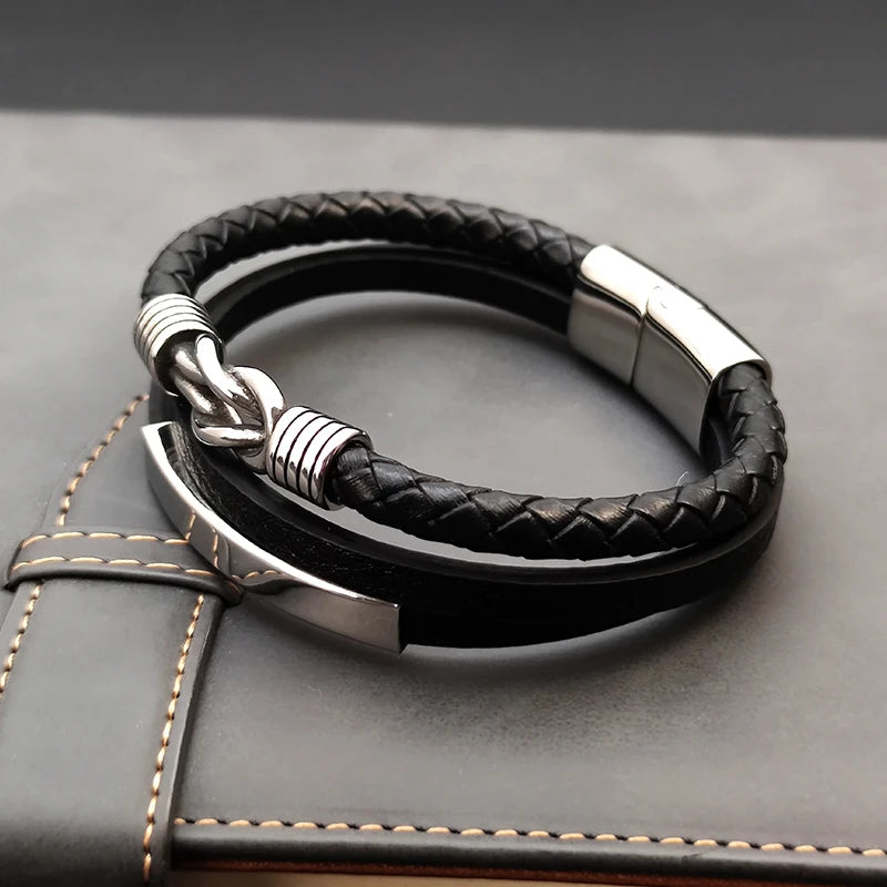 Luxury Classic Men's Multi-layer Leather Bracelet Winding Design Punk Stainless Steel Magnet Clasp Bangle Male Jewelry Gifts