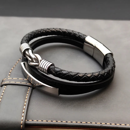 Luxury Classic Men's Multi-layer Leather Bracelet Winding Design Punk Stainless Steel Magnet Clasp Bangle Male Jewelry Gifts