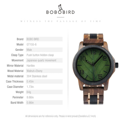 BOBO BIRD Wooden Men Watches Handmade Leaf Dial Custom Blessing Natural Wristwatch Distinctive Wooden Gift Support Dropshipping