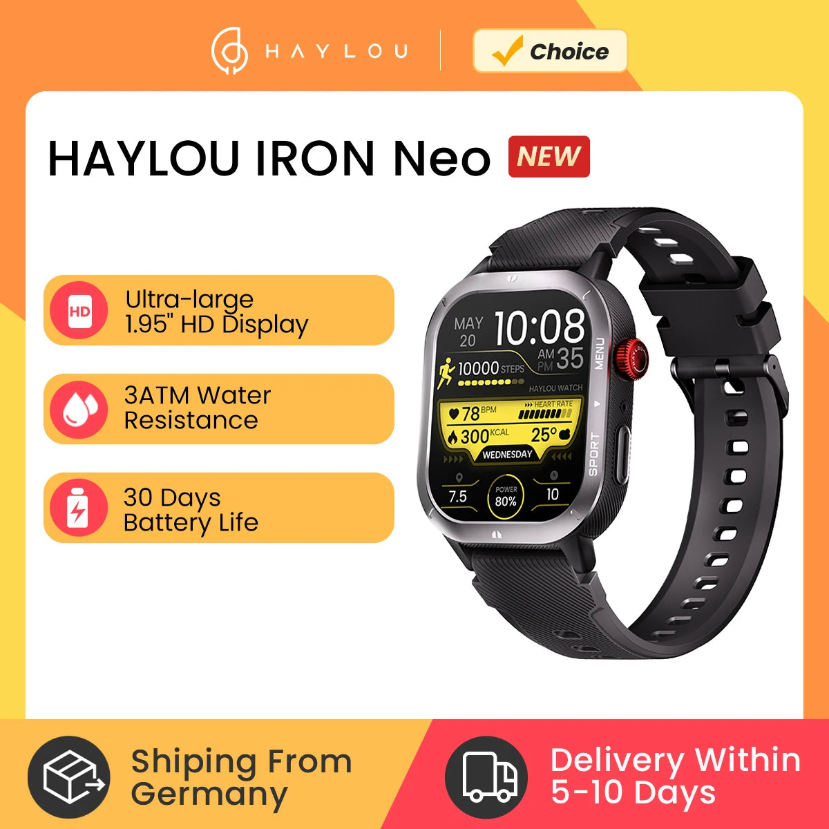 HAYLOU IRON NEO Smartwatch 1.95’’ HD Display 3ATM Waterproof Bluetooth Call 30 Days Battery Life Sport Smart Watch for Outdoor