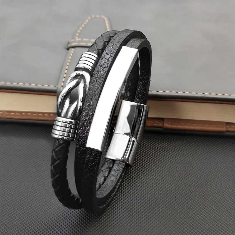 Luxury Classic Men's Multi-layer Leather Bracelet Winding Design Punk Stainless Steel Magnet Clasp Bangle Male Jewelry Gifts