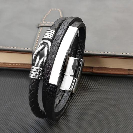 Luxury Classic Men's Multi-layer Leather Bracelet Winding Design Punk Stainless Steel Magnet Clasp Bangle Male Jewelry Gifts