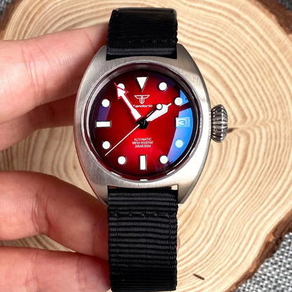 36mm Military Diver Mechanical Watch Men NH35 AR Domed Sapphire Sunburst Green/Red/Blue Big Crown Sport Nylon
