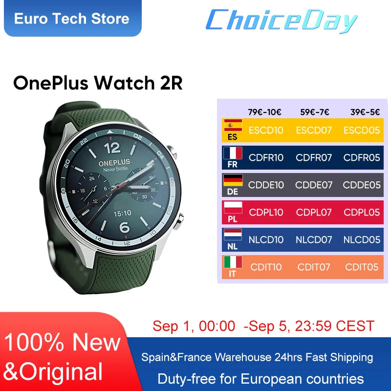 2024 Smartwatch OnePlus Watch 2R 1.43'' AMOLED Screen Snapdragon W5 Gen 1+BES2700 100H Battery Life WiFi Wear OS by Google GPS