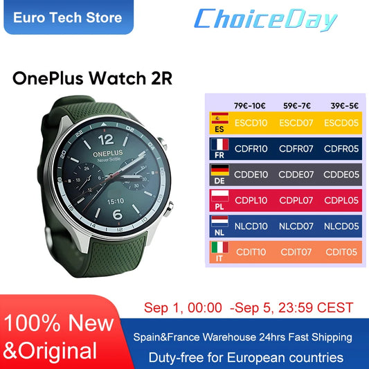 2024 Smartwatch OnePlus Watch 2R 1.43'' AMOLED Screen Snapdragon W5 Gen 1+BES2700 100H Battery Life WiFi Wear OS by Google GPS