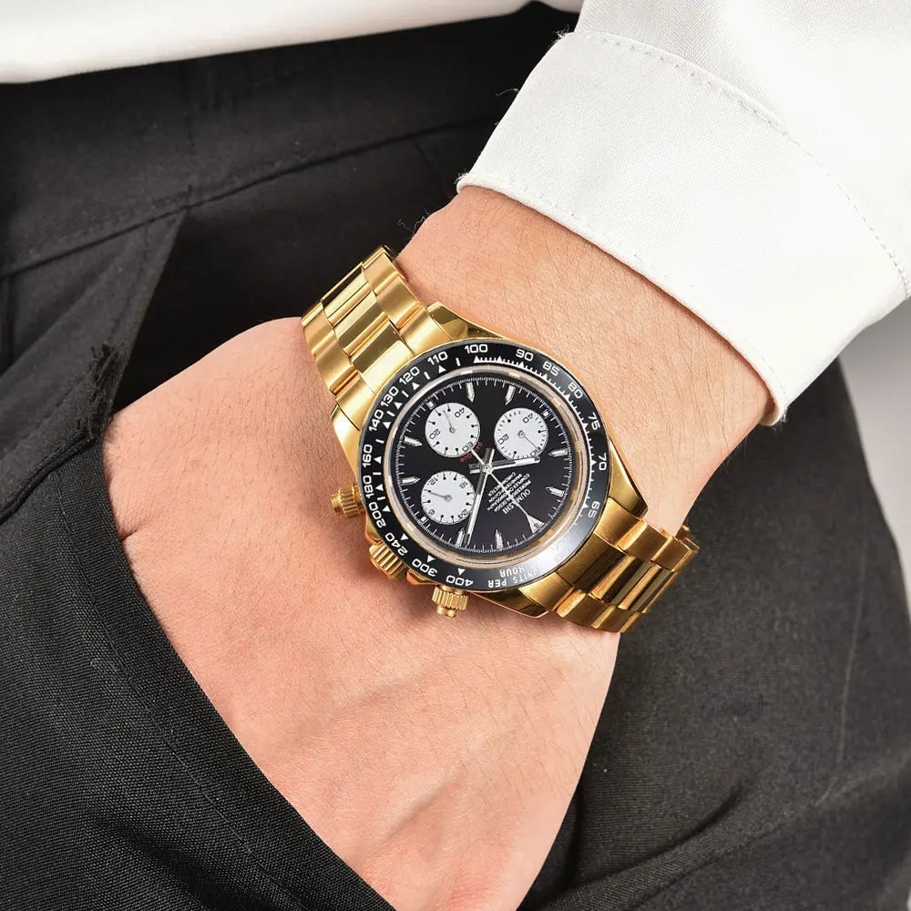 39mm gold men's watch VK63 movement chronograph sapphire glass stainless steel strap luxurious business men's custom watch